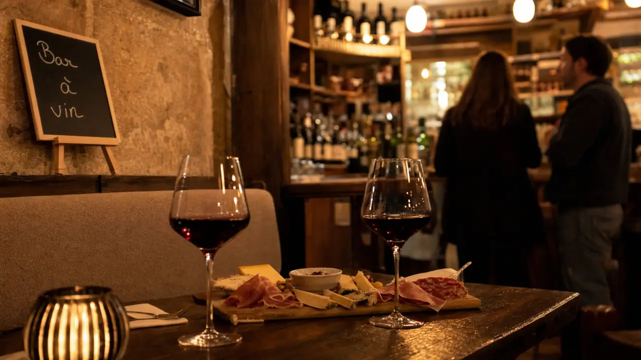 bar à vin romantique paris : table bois, vin rouge