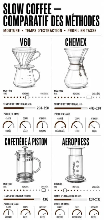 Comparatif des méthodes de slow café avec V60, Chemex, cafetière à piston et Aeropress