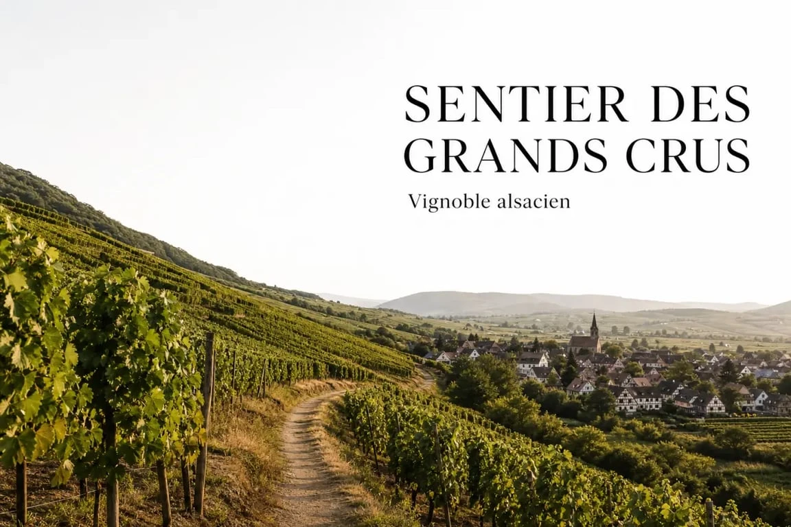 Sentier viticole des Grands Crus dans le vignoble alsacien avec vue sur les coteaux et un village