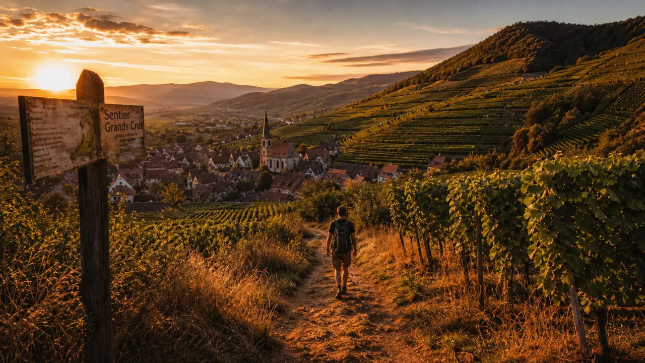 Grands crus sentier viticole : chemin de vignes et randonneur aux coteaux