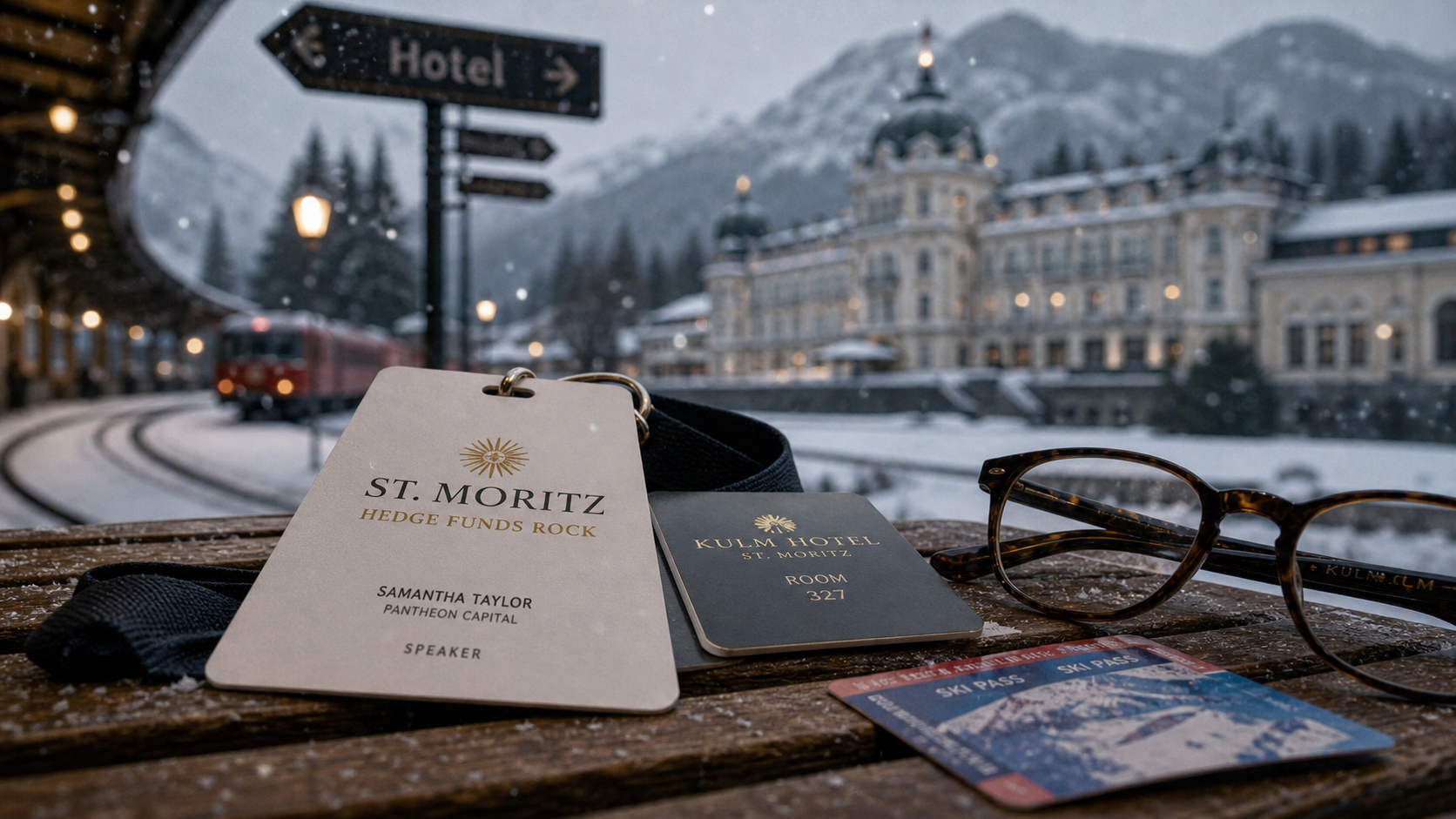 Hotel Saint Moritz près de la gare alpine, luxe et neige, carte et badge