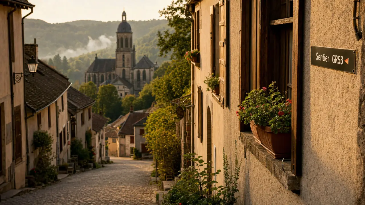 Les plus beaux villages des Vosges : ruelle pavée, GR53 et clocher au loin