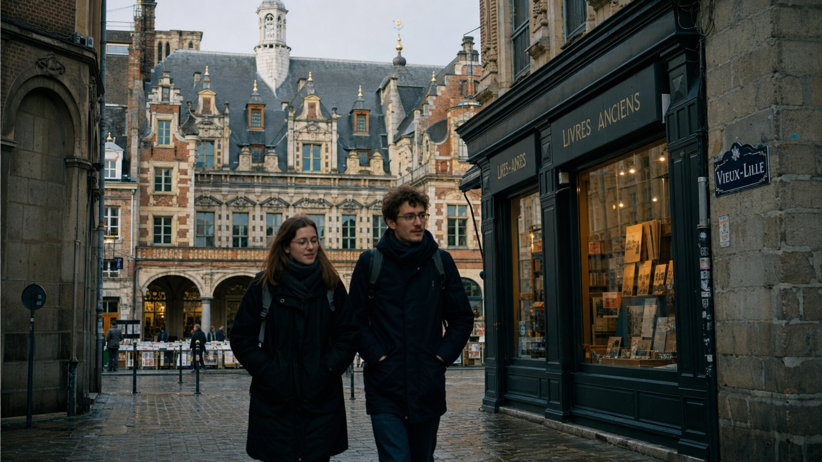 Que faire à Lille : couple près de la Vieille Bourse à Vieux-Lille