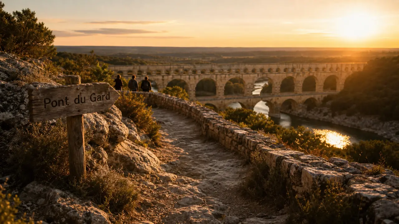 Que faire autour d avignon : vue du Pont du Gard au golden hour depuis les sentiers