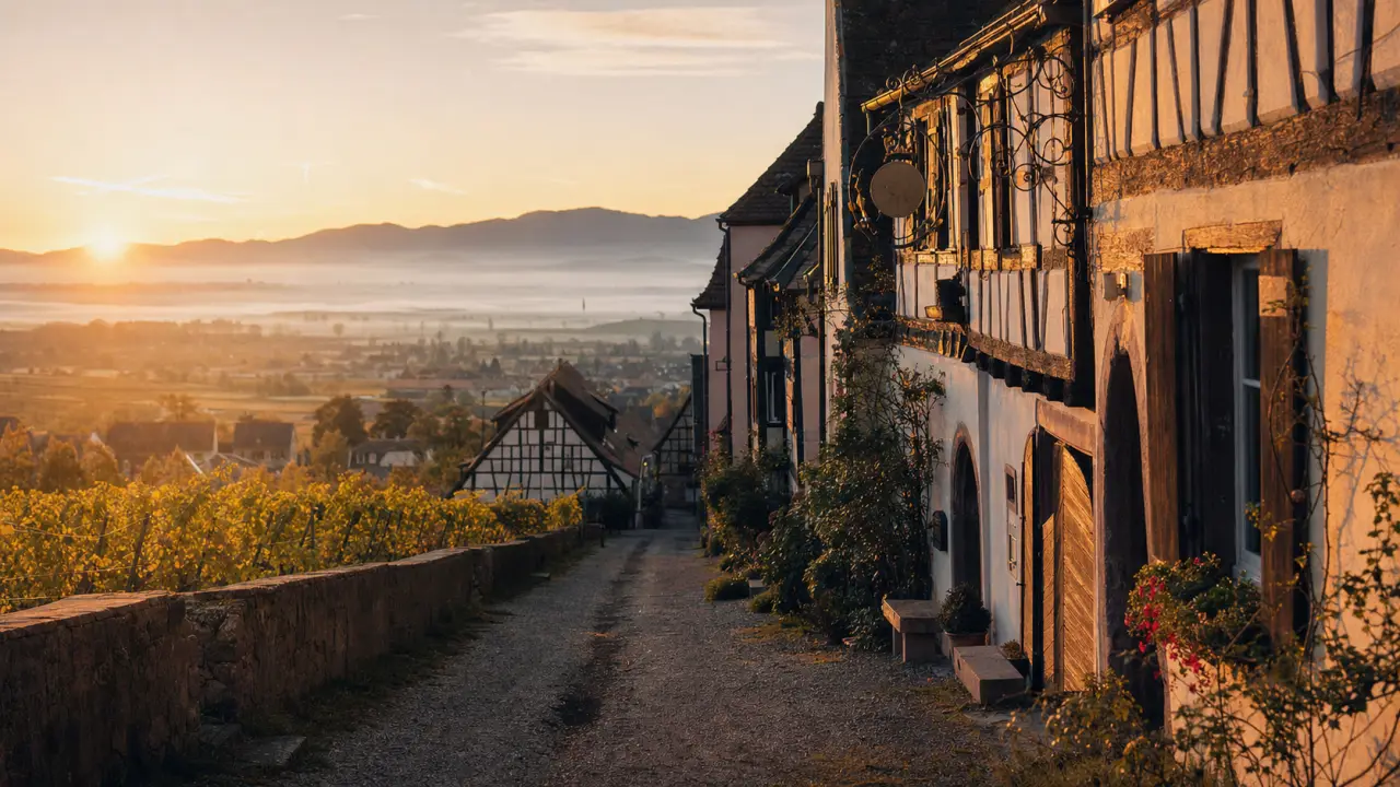 Que faire autour de Strasbourg : Obernai, maisons à colombages et vignes en golden hour