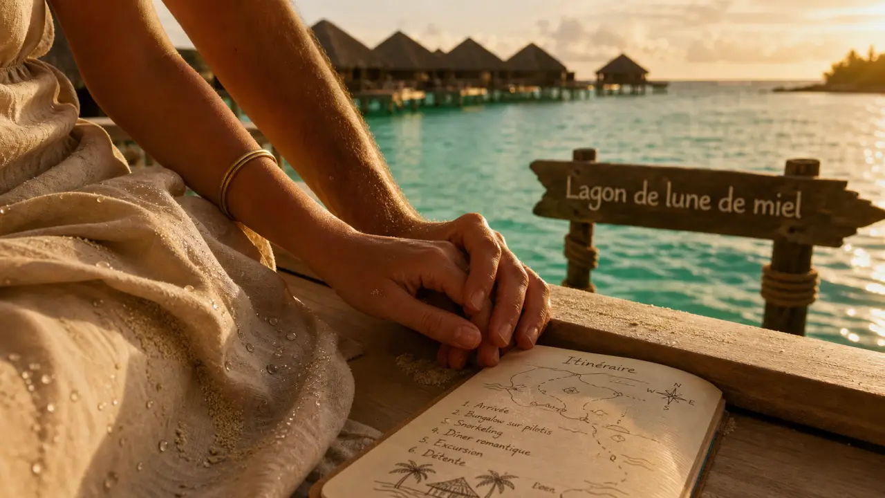 Voyage de noce idee plage lagon bleu, mains enlacées et carnet d’itinéraire