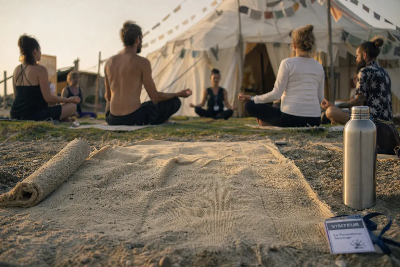 Yoga monde festival : tapis de yoga et pratique collective en extérieur