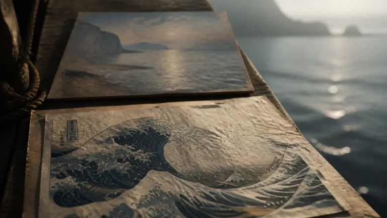 Art about the sea : estampe de vague d’Hokusai, mer calme style Monet, lumière du matin