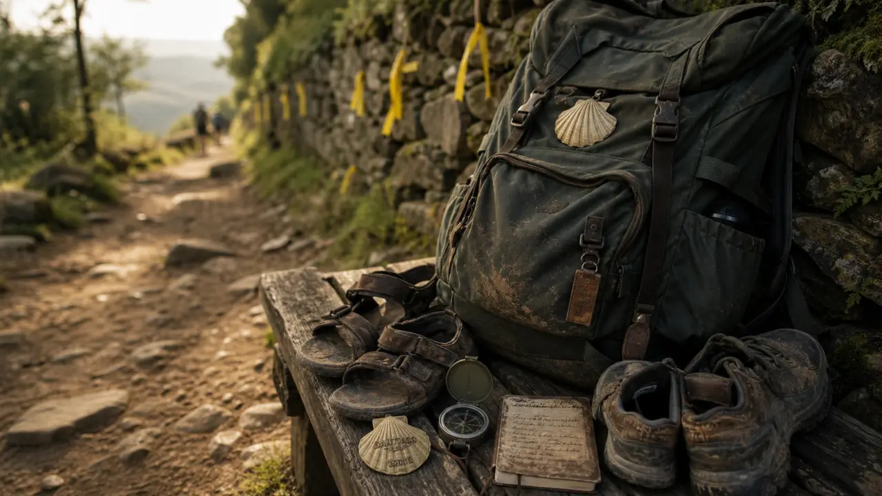 Chemins de saint jacques de compostelle : sac de pèlerin, boussole et carnet, départ sur chemin de terre