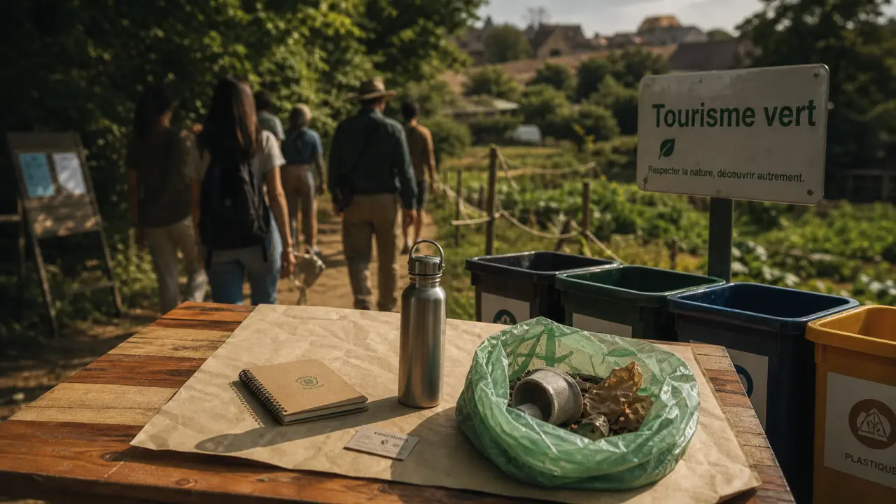 Def tourisme vert : gourde et papier recyclé avec guide local sur sentier en forêt