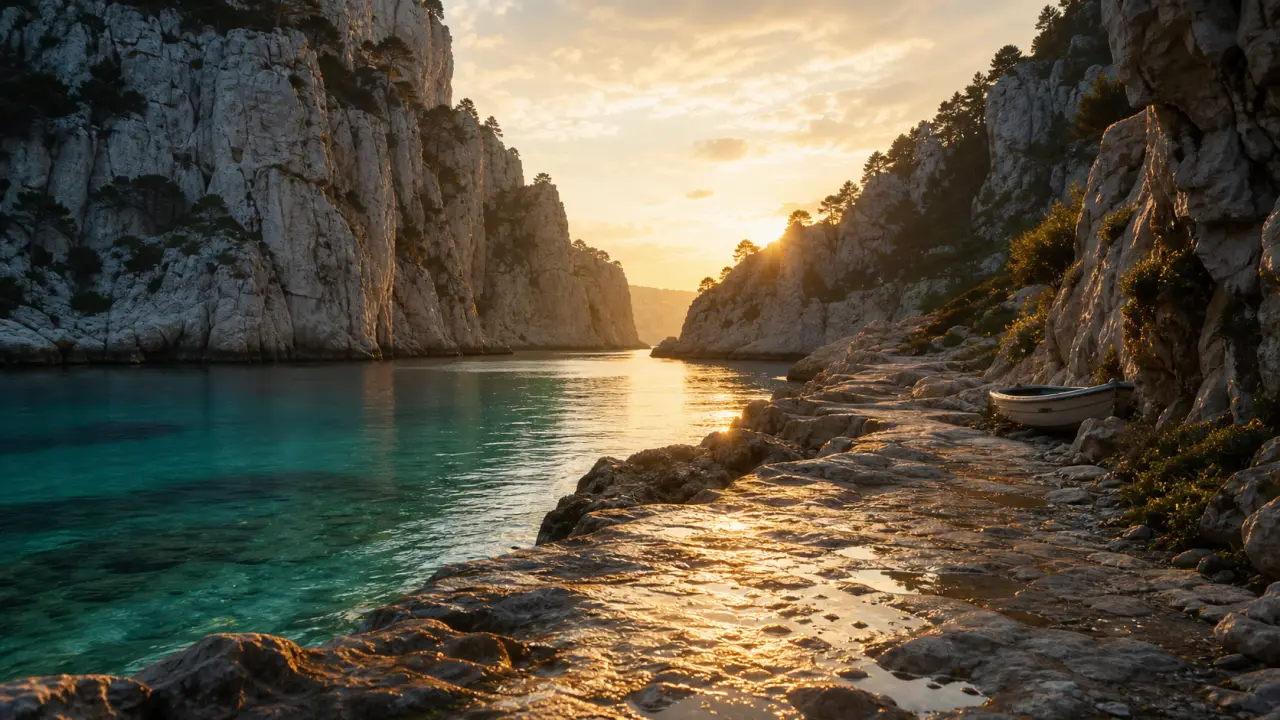 Endroit paradisiaque France : calanque d’En-Vau, lever du soleil sur eau turquoise et falaises