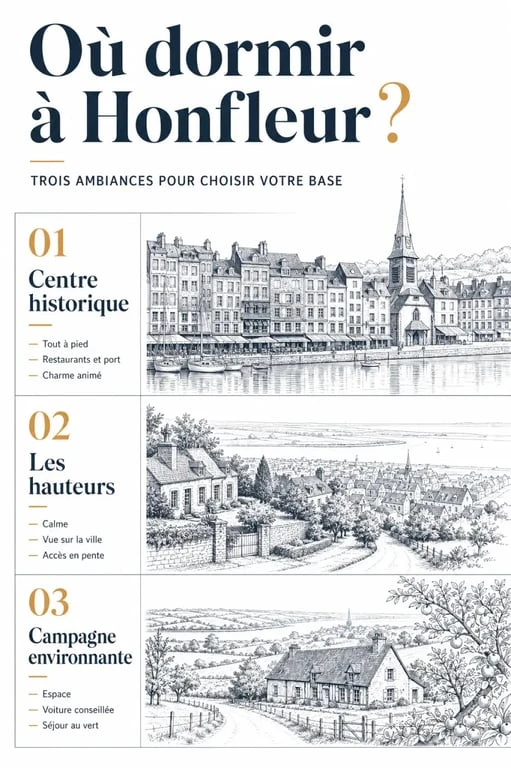 honfleur hôtels : comparaison visuelle entre centre historique, hauteurs et campagne environnante