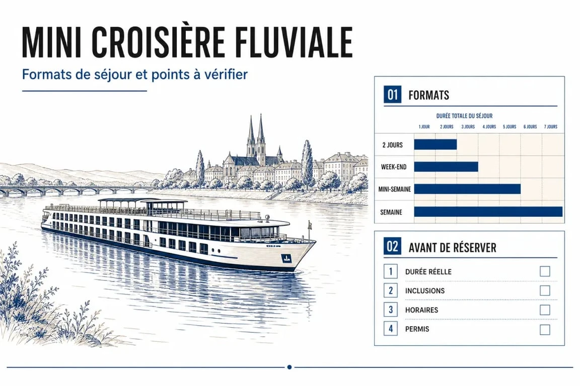 Mini croisière fluviale : panorama éditorial d’un bateau sur un fleuve avec synthèse des durées et points à vérifier