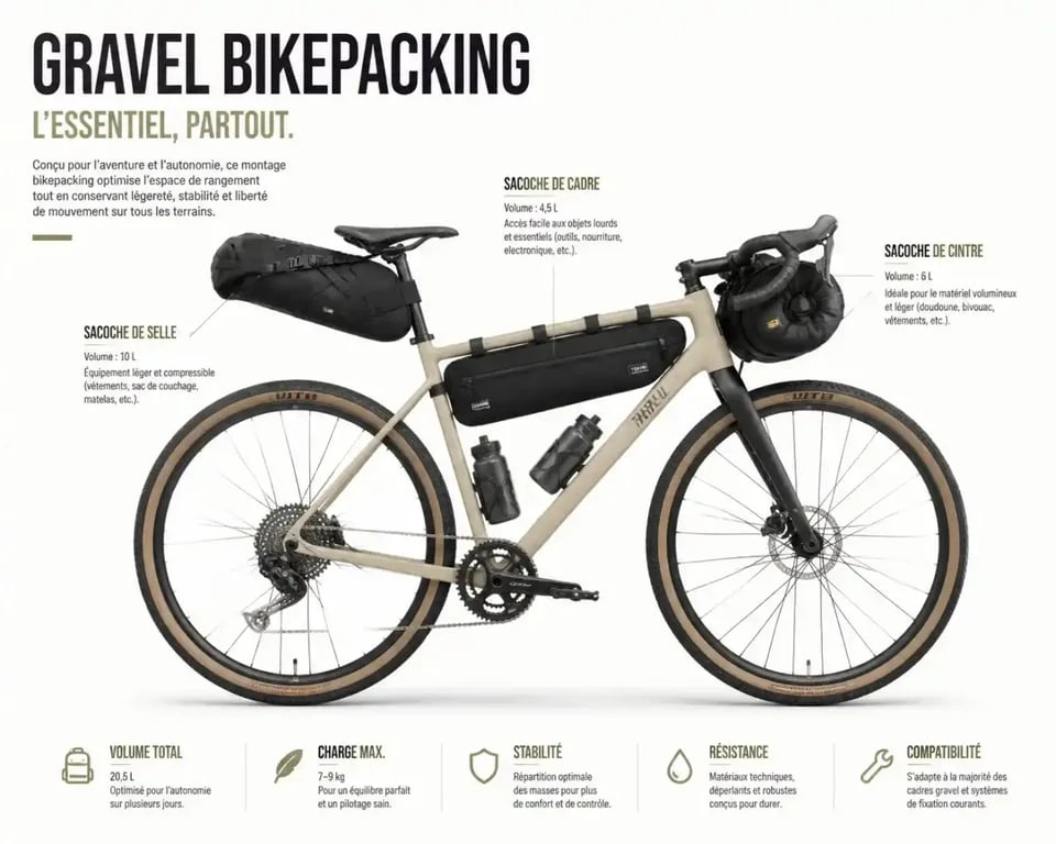 Vélo gravel équipé pour le bikepacking avec sacoches de location