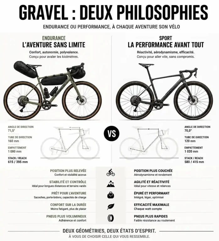 Comparatif visuel entre vélo gravel endurance et vélo gravel sport pour la location
