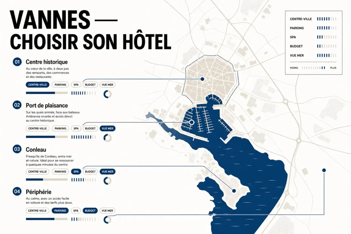 Vannes hôtels : carte éditoriale des quartiers centre historique, port de plaisance et périphérie pour choisir où dormir.