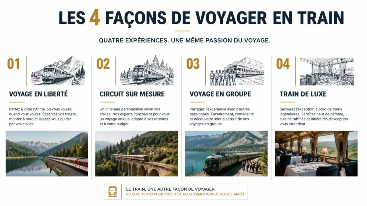 Infographie comparative des formats de voyage proposés par une agence de voyage en train