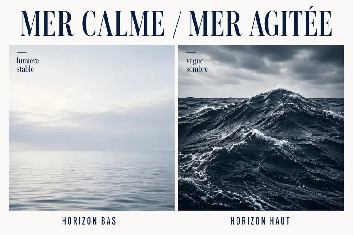 Art about the sea : comparaison visuelle entre mer calme et tempête