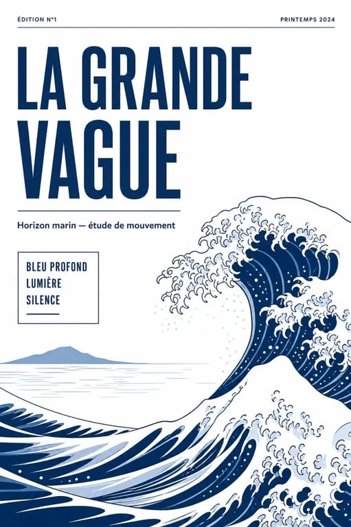 Art about the sea : vague monumentale inspirée d’Hokusai dans une composition éditoriale
