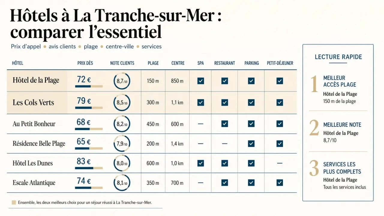 Comparatif des hôtels la tranche-sur-mer avec prix, notes et distances à la plage