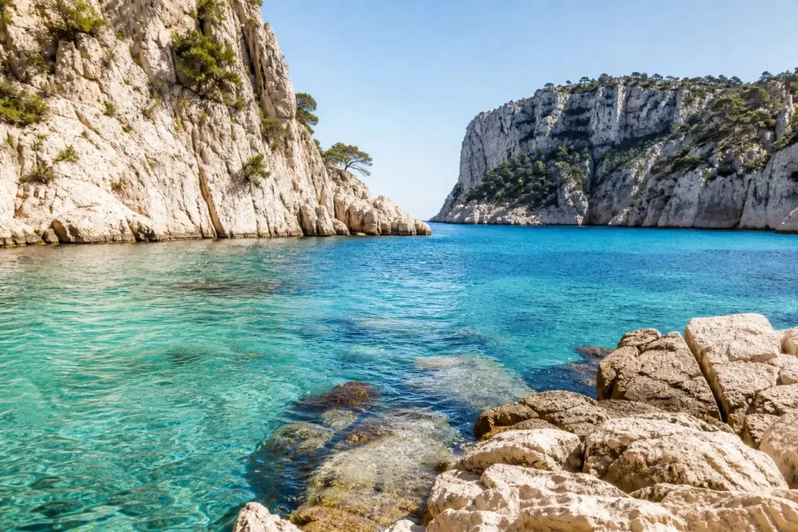 Endroit paradisiaque France : calanque aux eaux turquoise et falaises blanches