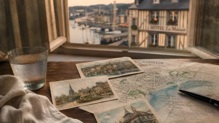 Honfleur hôtels : vue du port et façade d’hôtel de charme au centre historique