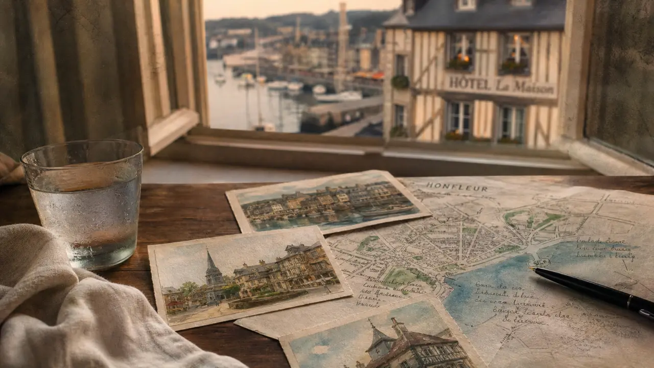 Honfleur hôtels : vue du port et façade d’hôtel de charme au centre historique