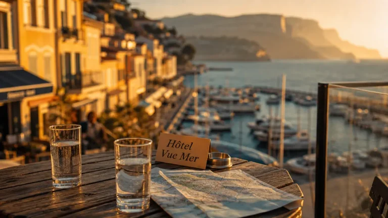 Hôtels à Cassis : vue mer depuis une terrasse au golden hour
