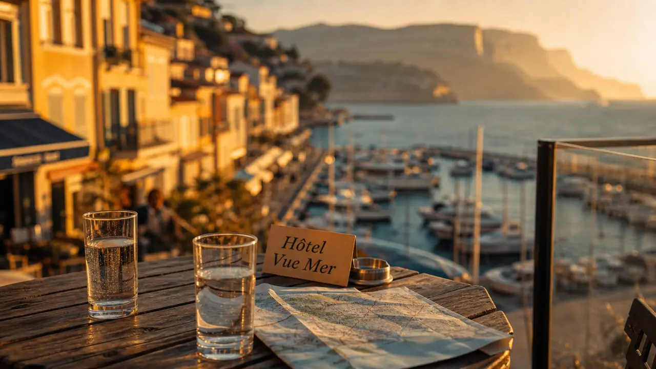 Hôtels à Cassis : vue mer depuis une terrasse au golden hour