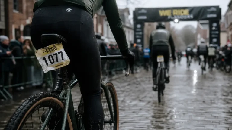 Tour des Flandres cyclotourisme, départ We Ride Flanders sous la pluie, cyclistes sur pavés humides