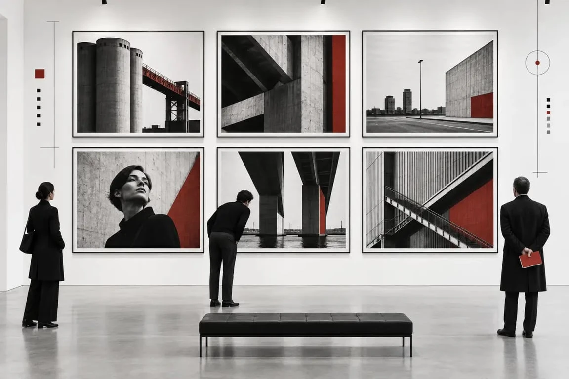 Art photographique contemporain présenté en série dans une galerie, entre typologie, mise en scène et installation