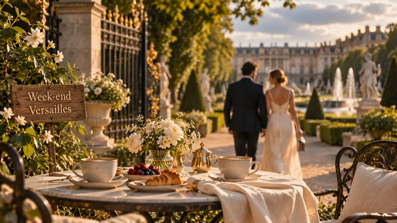Week end ile de france amoureux à Versailles : couple près d’un jardin romantique et petit-déjeuner