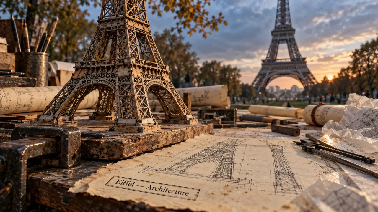 Architecture eiffel : maquette et tour Eiffel, œuvre collective et métal