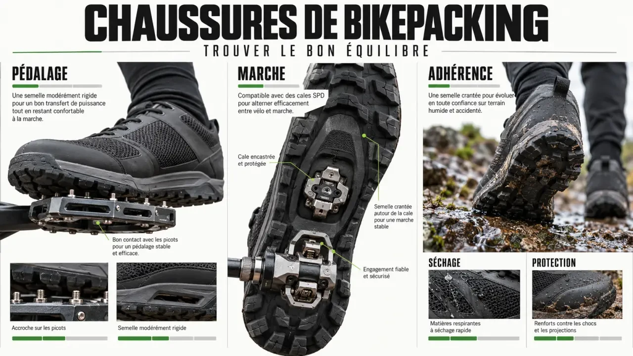 Chaussures bikepacking comparant pédales plates, cales SPD, marche et adhérence