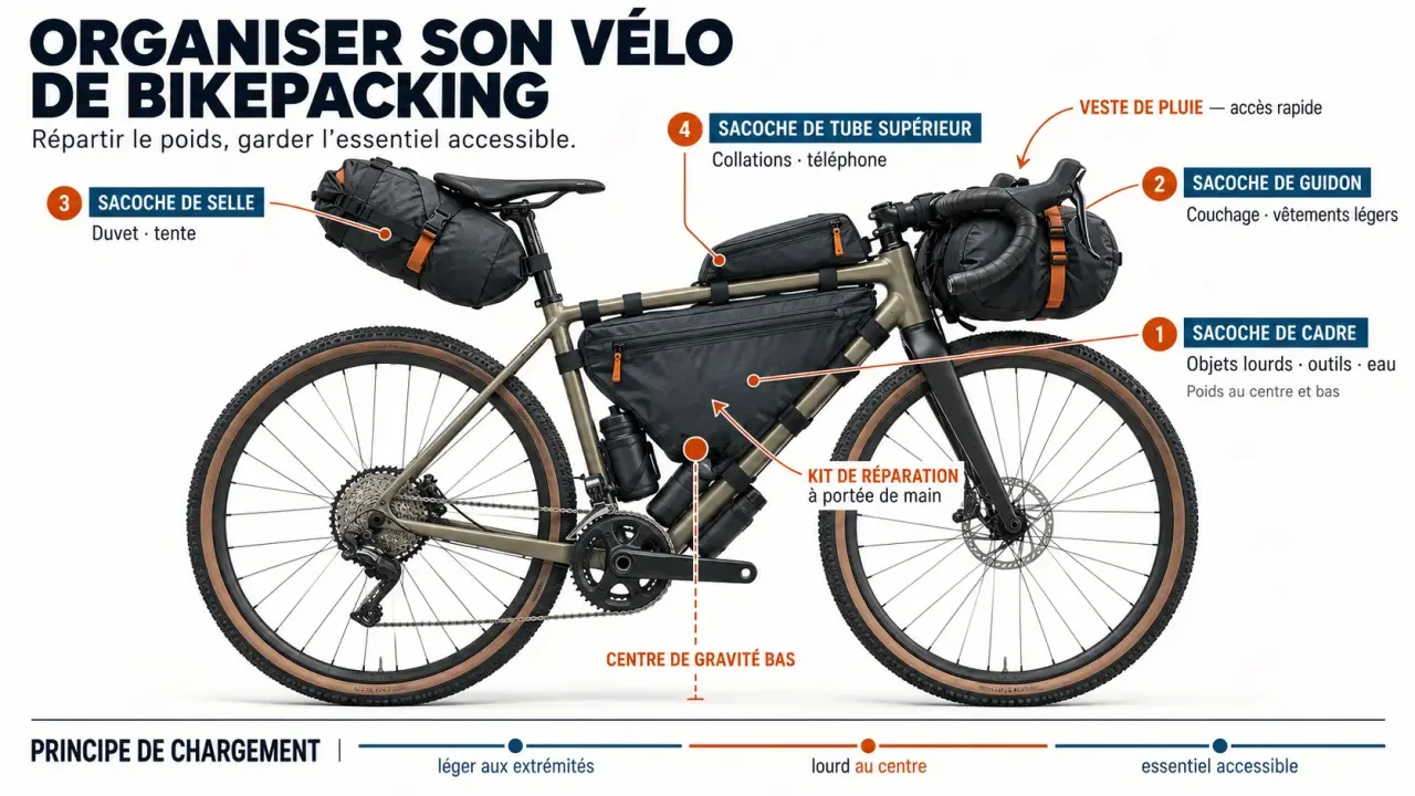 Équipement bikepacking : schéma de répartition du chargement entre sacoche de cadre, de guidon et de selle