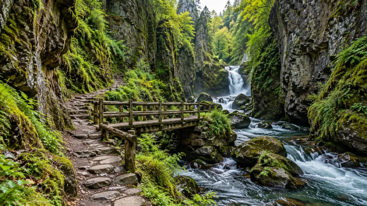 Gorges de la Jordanne parmi les lieux insolites du Cantal, avec rivière, passerelle et parois volcaniques